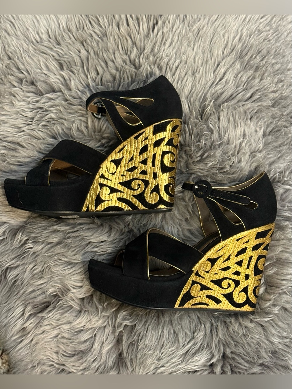 Marni Never Worn Black Suede & Gold Cutout Platform Wedge Sandals 37
